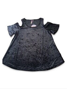 Cold Shoulder Crushed Velvet Top Black Women's Large Scoop Neck Pullover